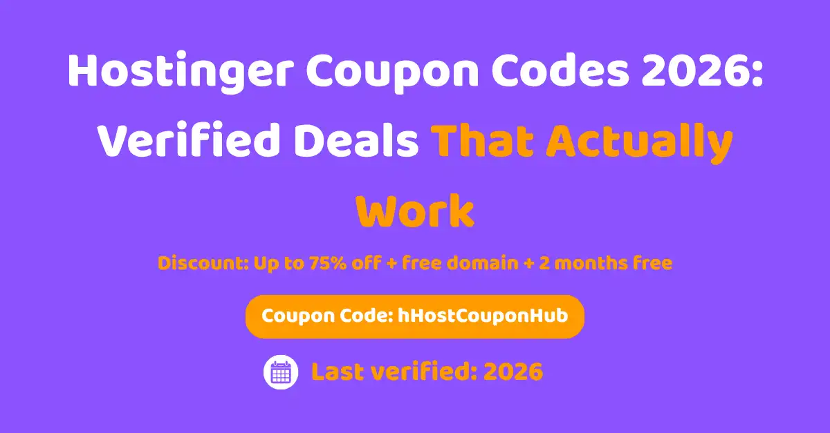 Hostinger coupon code 2026 promotional banner showing up to 90% discount, free domain, and 2 months free with code hHostCouponHub.