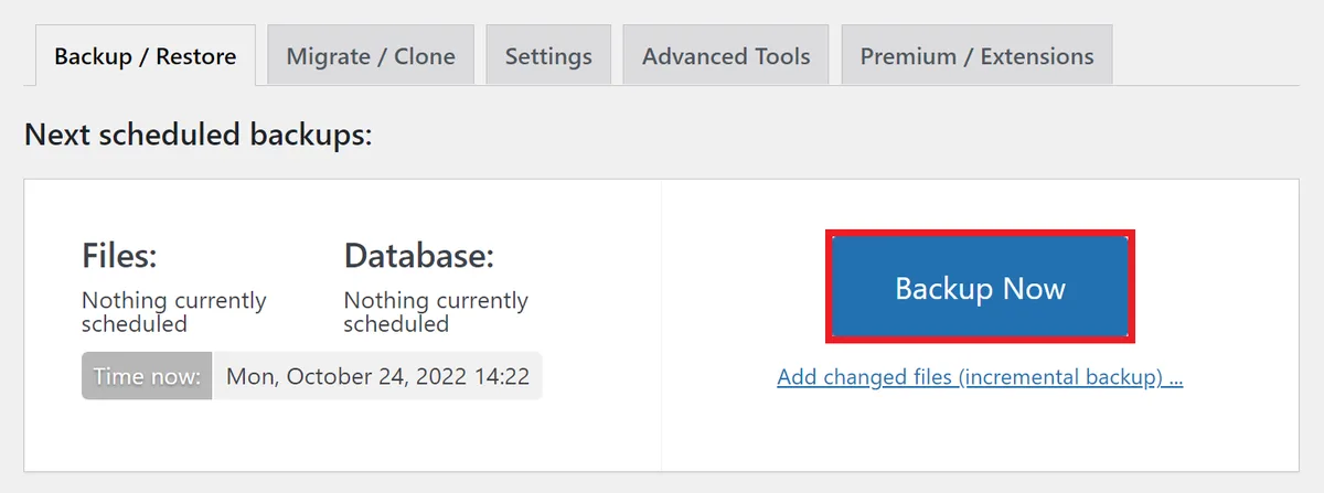 All-in-one WP Migration export screen
