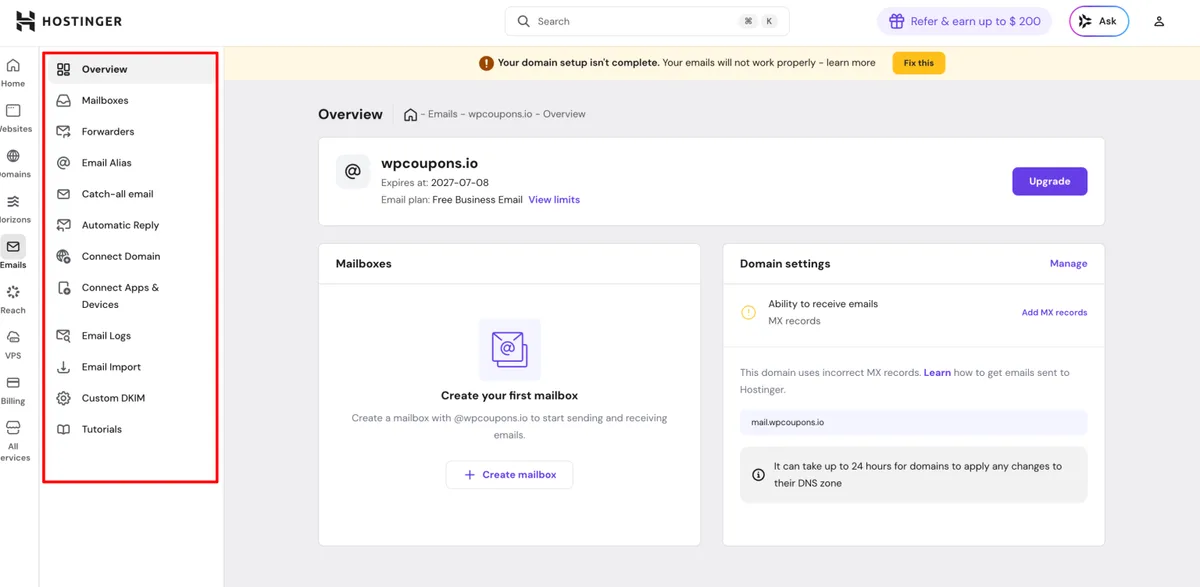 Hostinger Business Email interface dashboard