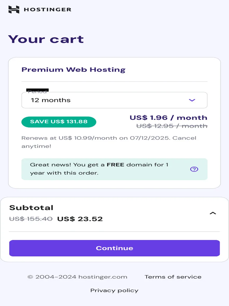 Hostinger checkout page discount field