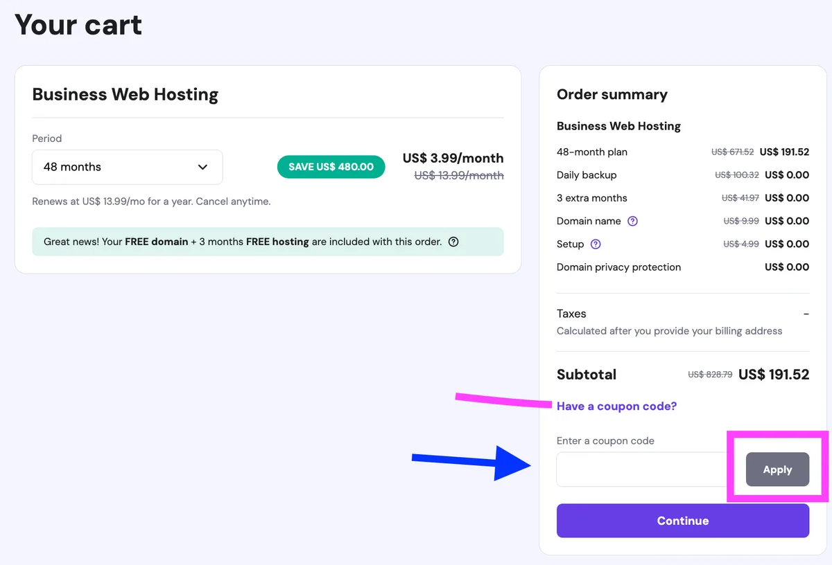 Hostinger checkout page with promo code field