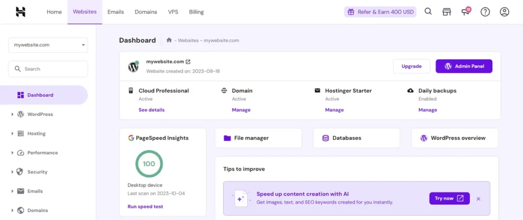 hostinger control panel domain management
