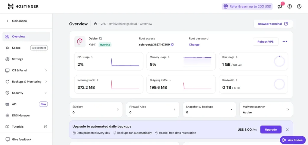 Hostinger web hosting dashboard interface